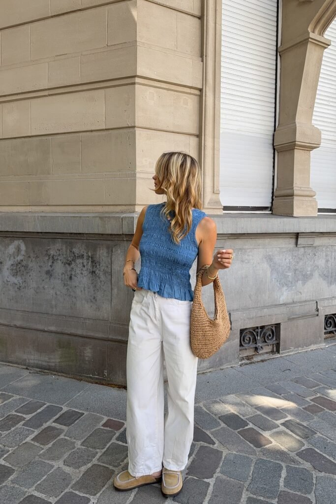 Blue Smocked Sleeveless Top + White Wide-Leg Jeans + Tan Suede Mules