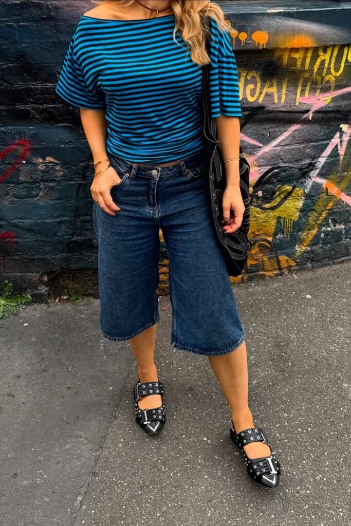 Blue Striped Boatneck Top + Dark Wash Denim Culottes + Studded Black Mary Janes
