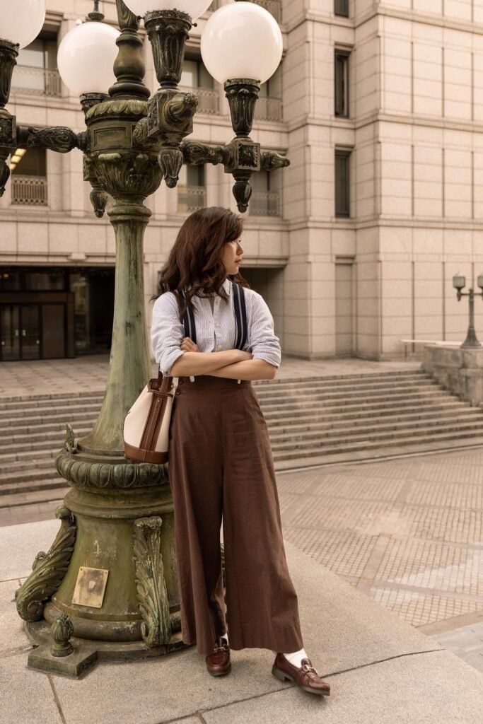 Blue Striped Button-Down + Brown Wide-Leg Trousers with Suspenders + Brown Leather Loafers