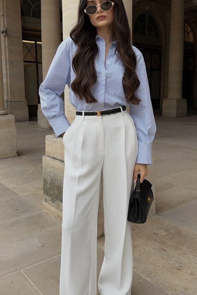 Blue Striped Button-Down Shirt + White High-Waisted Trousers + Black Slim Belt