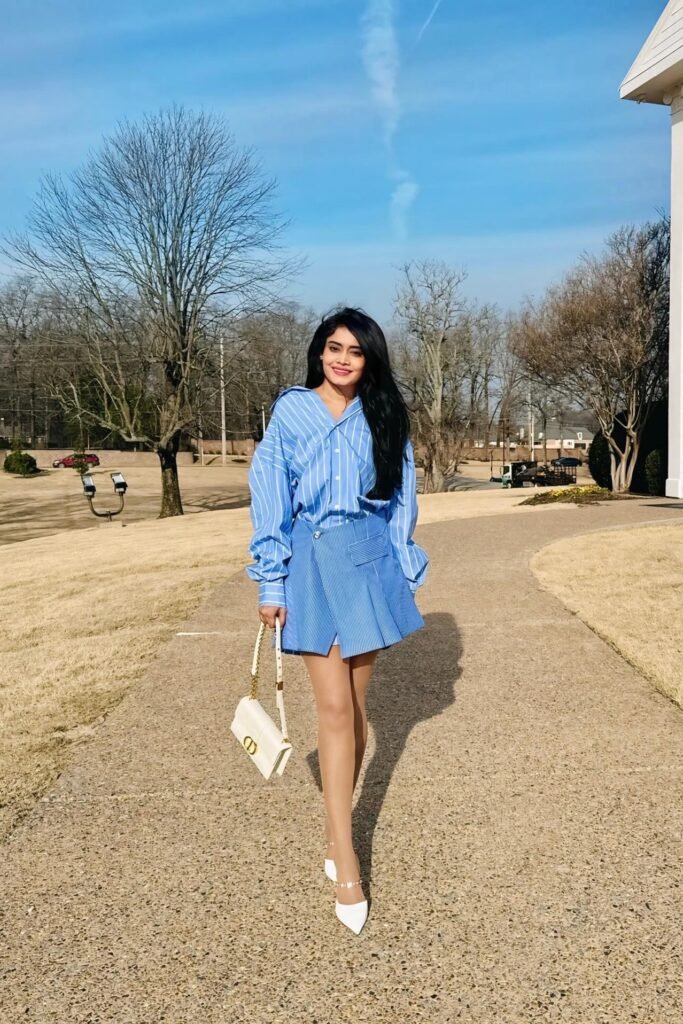 Blue Striped Oversized Shirt + Blue Striped Mini Skirt + White Pointed Heels