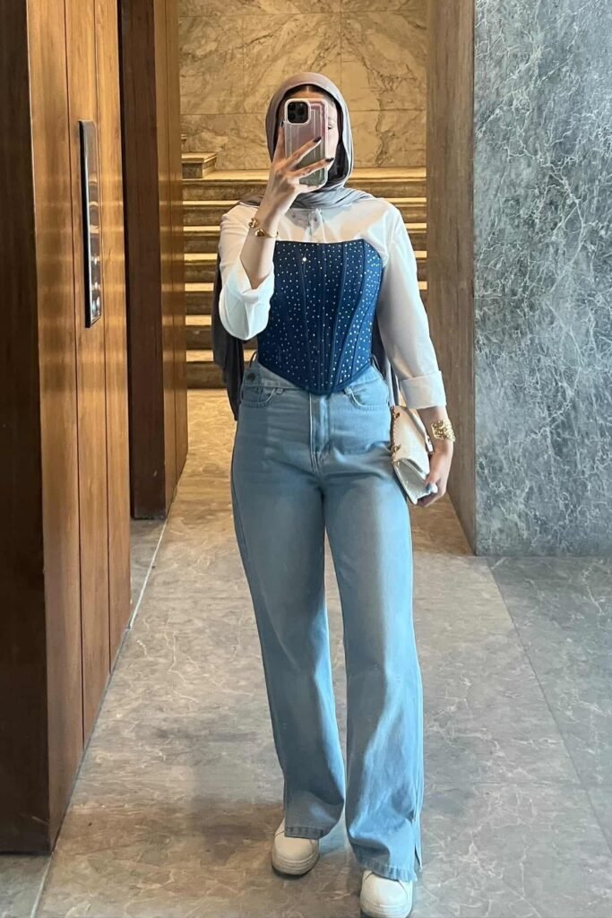 Blue Studded Denim Corset + White Button-Down Shirt + Light Wash Straight-Leg Jeans + White Sneakers