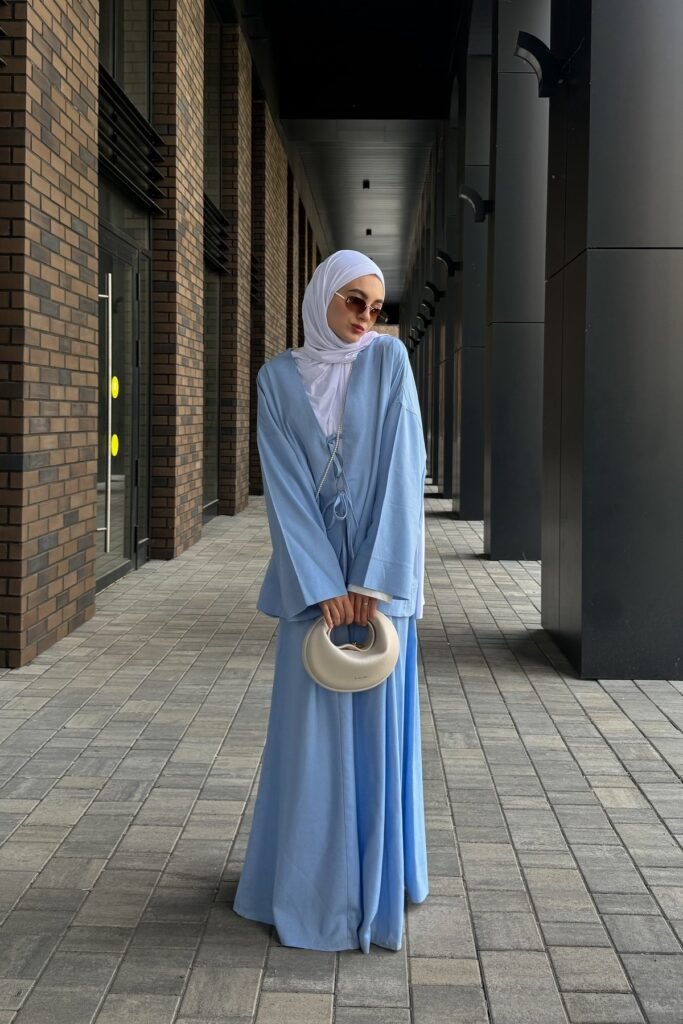 Blue Tied Cardigan + Blue Maxi Skirt + White Crescent Bag