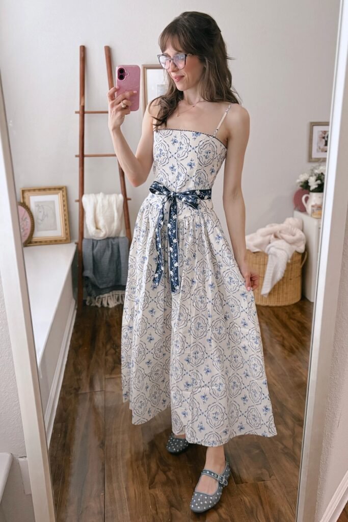 Blue Toile Maxi Dress + Navy Floral Belt + Embellished Blue Flats