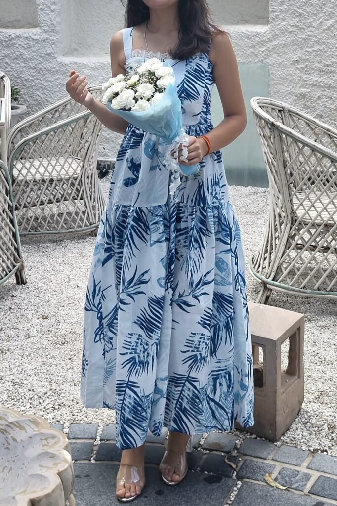 Blue Tropical Print Maxi Dress + Transparent Block Heels