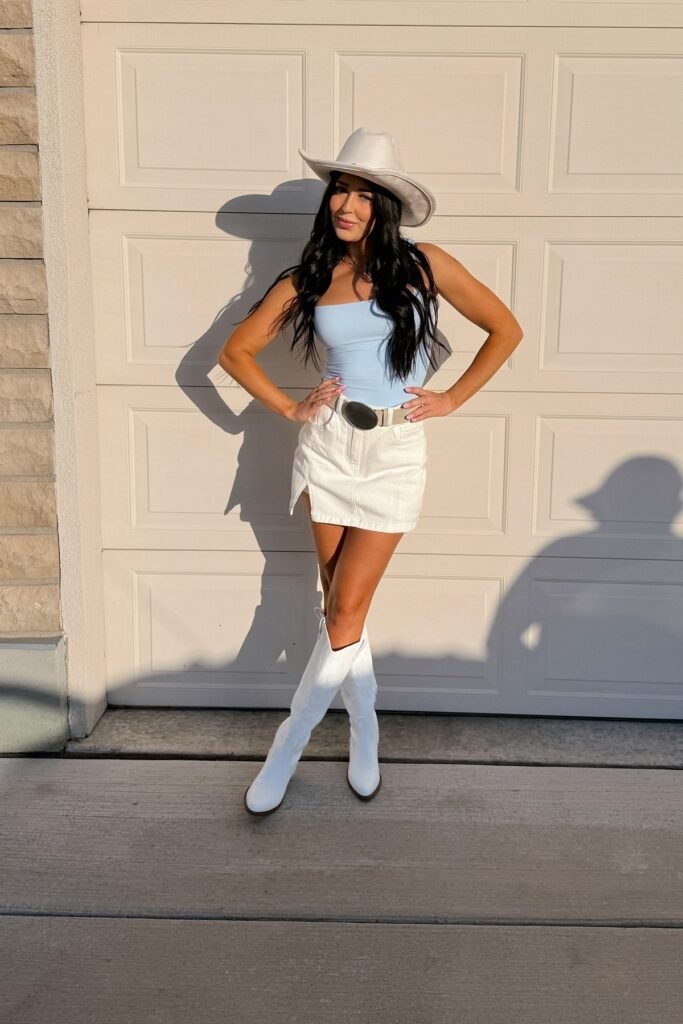 Blue Tube Top + White Denim Mini Skirt + White Cowboy Boots