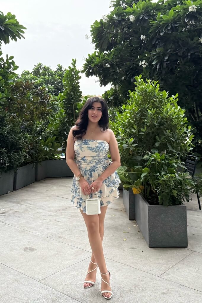 Blue & White Toile de Jouy Strapless Mini Dress + White Top-Handle Bag + White Strappy Heels