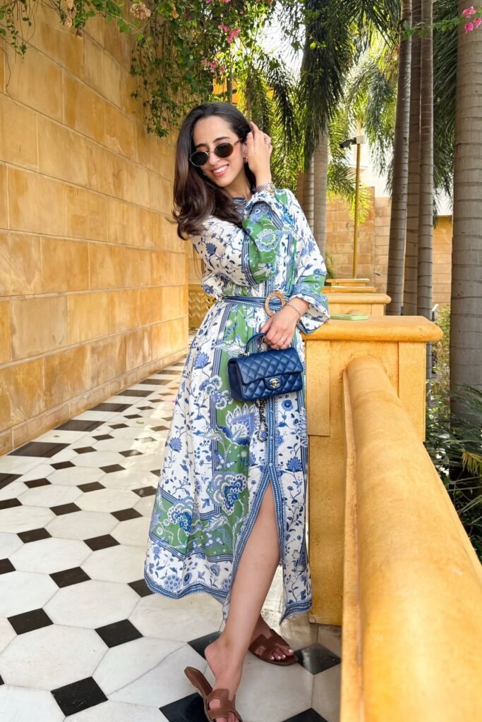 Blue and Green Printed Midi Dress + Brown Slide Sandals + Blue Quilted Handbag + Oval Sunglasses