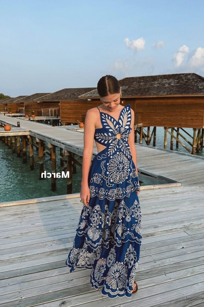 Blue and White Embroidered Cut-Out Maxi Dress + Brown Flat Sandals