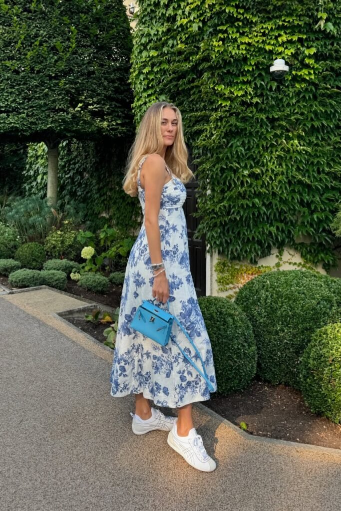Blue and White Floral Toile Midi Dress + Blue Top-Handle Bag + White Athletic Sneakers