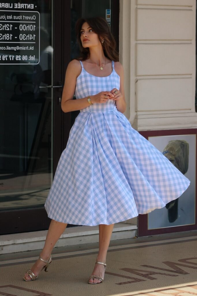 Blue and White Gingham Midi Dress + Gold Strappy Heels