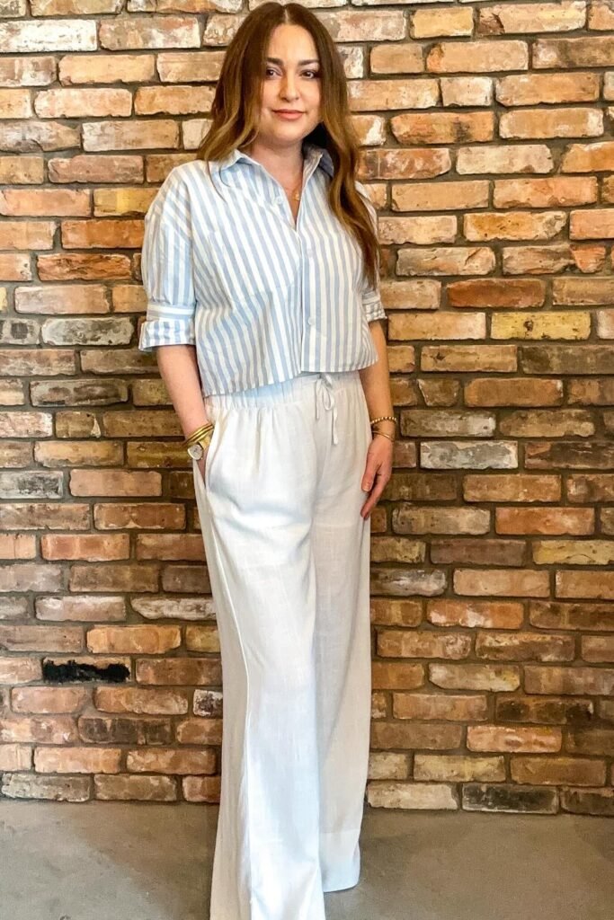 Blue and White Striped Cropped Shirt + White Linen Wide-Leg Pants + Gold Accessories
