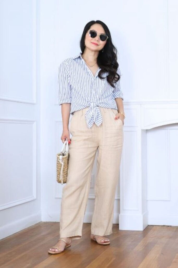 Blue and White Striped Tie-Front Shirt + Beige Linen Trousers + Tan Strappy Sandals