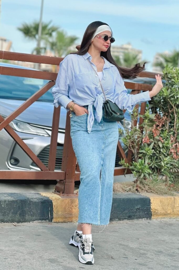 Blue and White Striped Tie-Front Shirt + Denim Maxi Skirt + Grey and White Chunky Sneakers