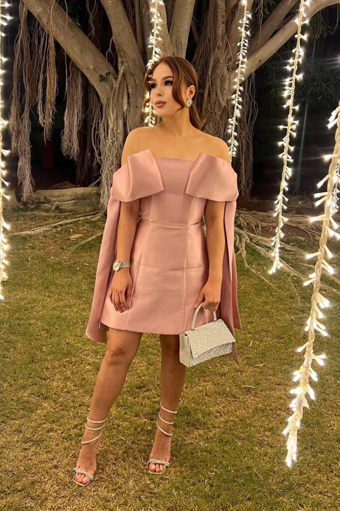 Blush Pink Off-the-Shoulder Mini Dress + Silver Glitter Handbag + Sparkly Wrap-around Sandals