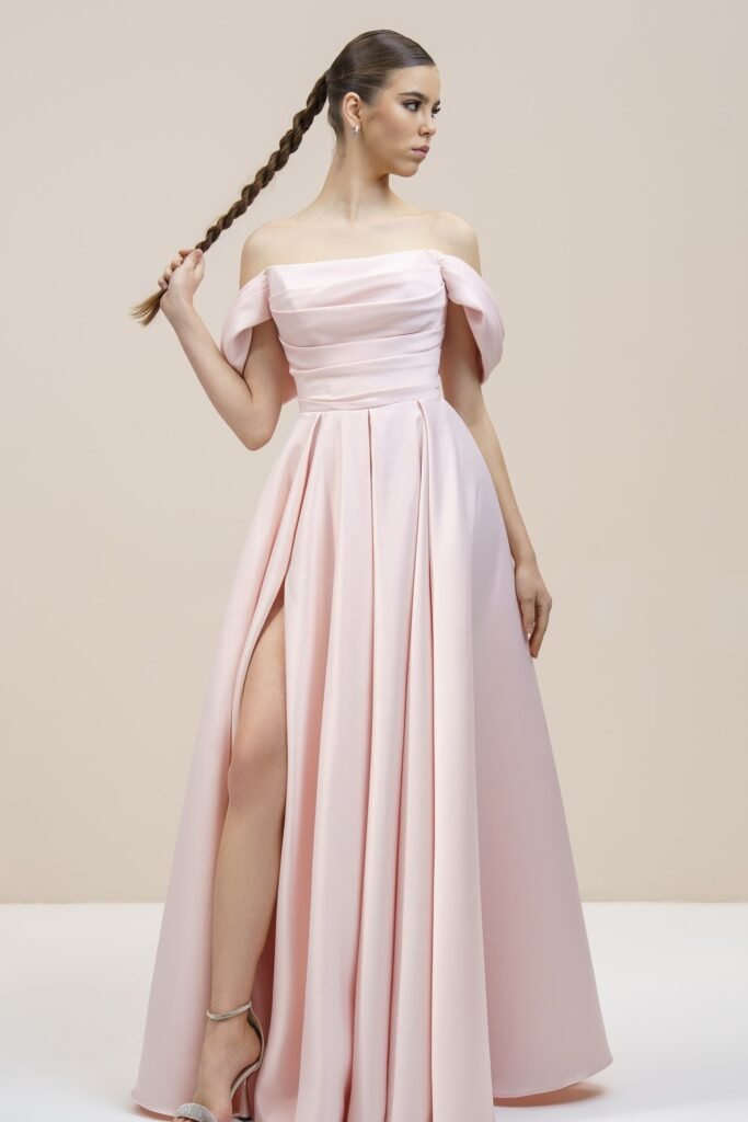 Blush Pink Off-the-Shoulder Satin Gown with High Slit + Silver Embellished Heels