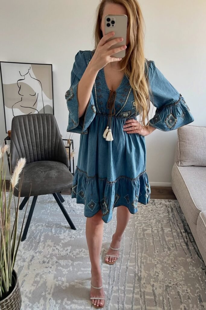 Boho Blue Denim Mini Dress with Embroidery + Tan Strappy Heeled Sandals