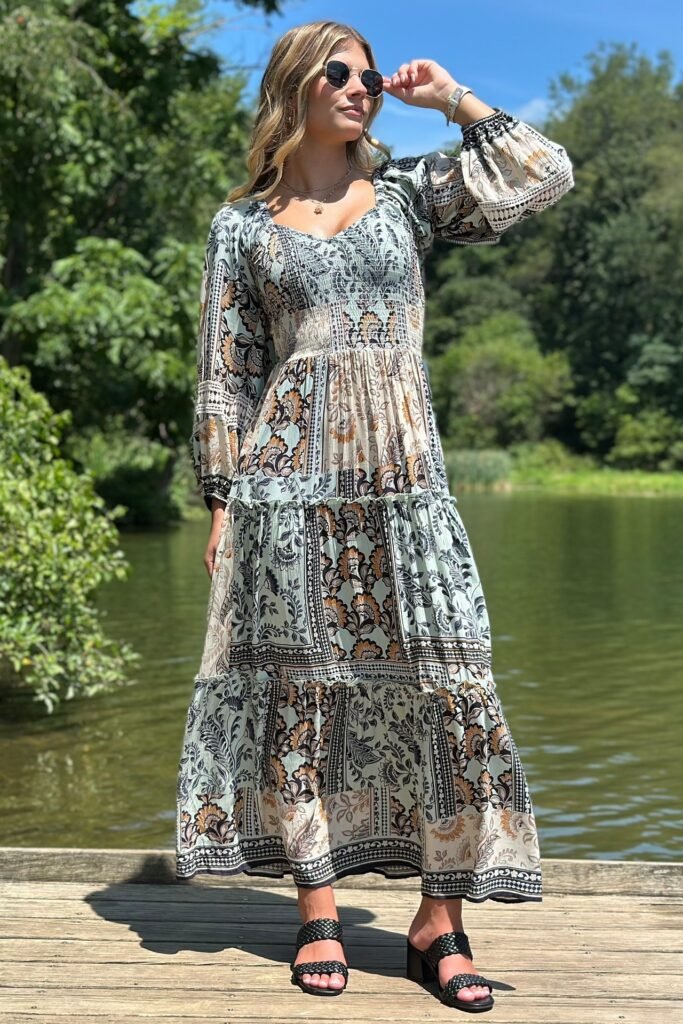 Boho Patchwork Print Maxi Dress + Long Billow Sleeves + Black Woven Heeled Sandals