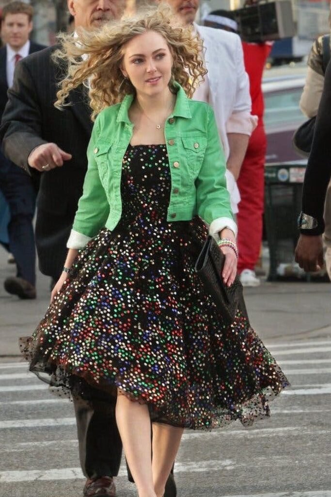 Bright Green Denim Jacket + Sequin Polka Dot Midi Dress + Black Leather Clutch