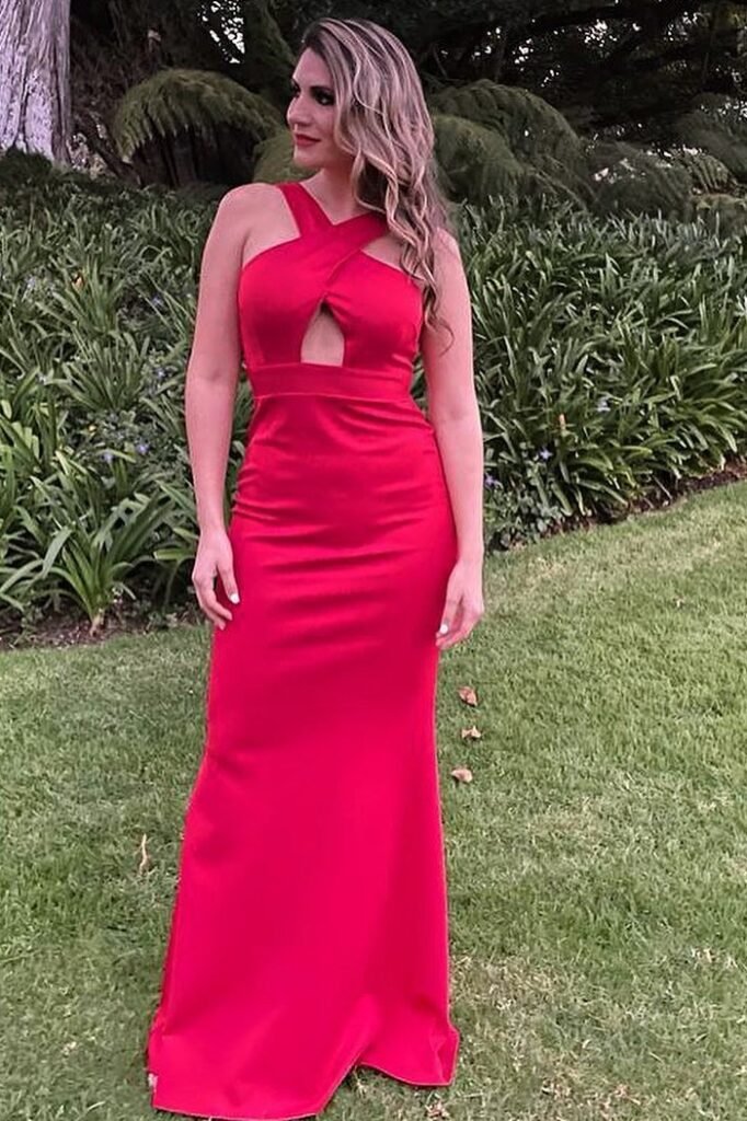 Bright Red Floor-Length Mermaid Gown with Criss-Cross Halter Neckline + Midriff Cut-out