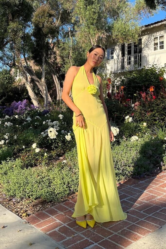 Bright Yellow Halter Maxi Dress with Rosette + Yellow Crystal-Embellished Flats