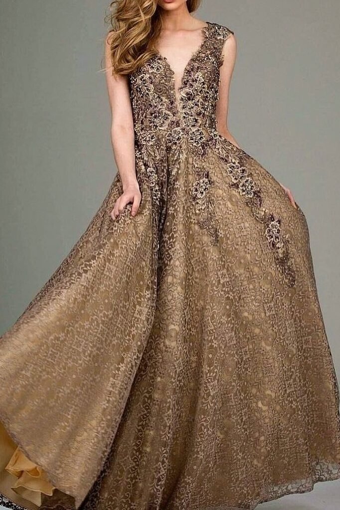 Bronze Metallic Lace Gown + Deep V-Neckline + Elaborate Floral Appliqué