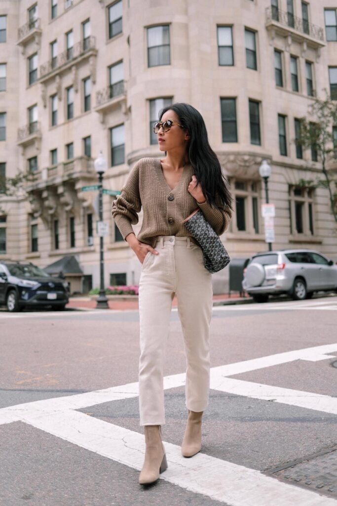 Brown Chunky Knit Cardigan + Cream Straight-Leg Trousers + Beige Ankle Boots
