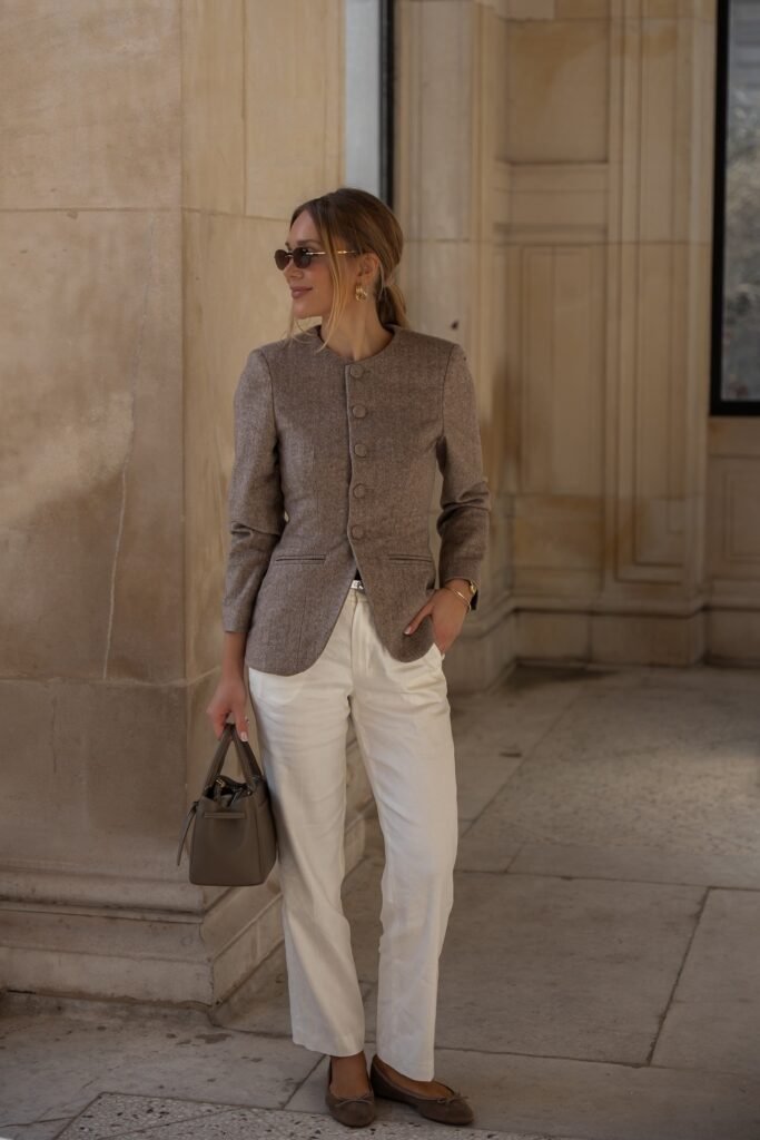Brown Collarless Wool Jacket + White Tailored Trousers + Brown Suede Ballet Flats