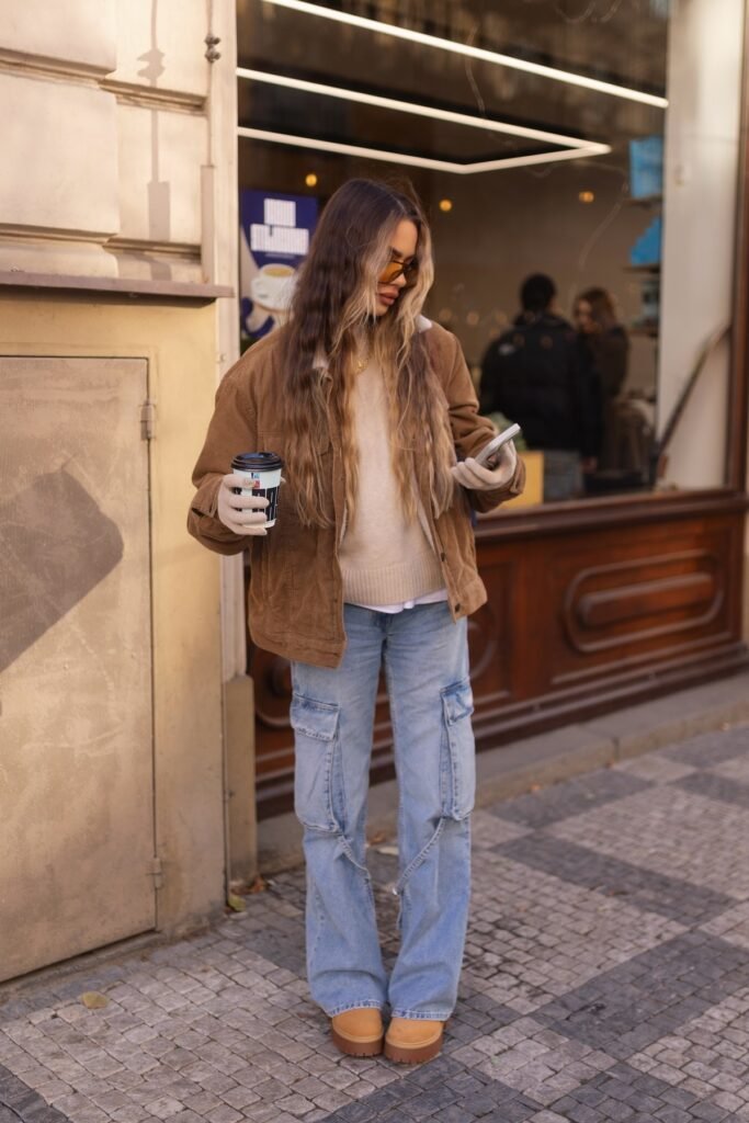 Brown Corduroy Jacket + Beige Crewneck Sweater + Light Wash Cargo Jeans + Tan Platform Boots