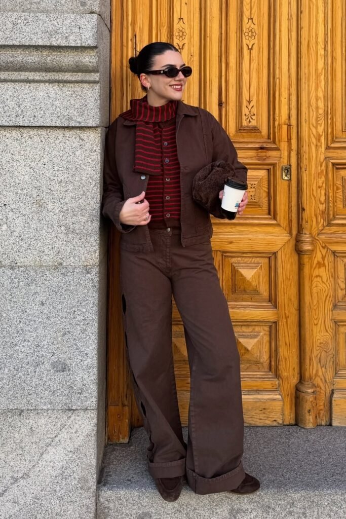 Brown Denim Jacket + Red and Brown Striped Cardigan + Matching Red Striped Scarf + Brown Wide-Leg Cargo Pants + Brown Suede Shoes