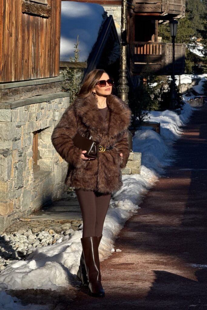 Brown Faux Fur Coat + Dark Brown Leggings + Dark Brown Knee-High Leather Boots