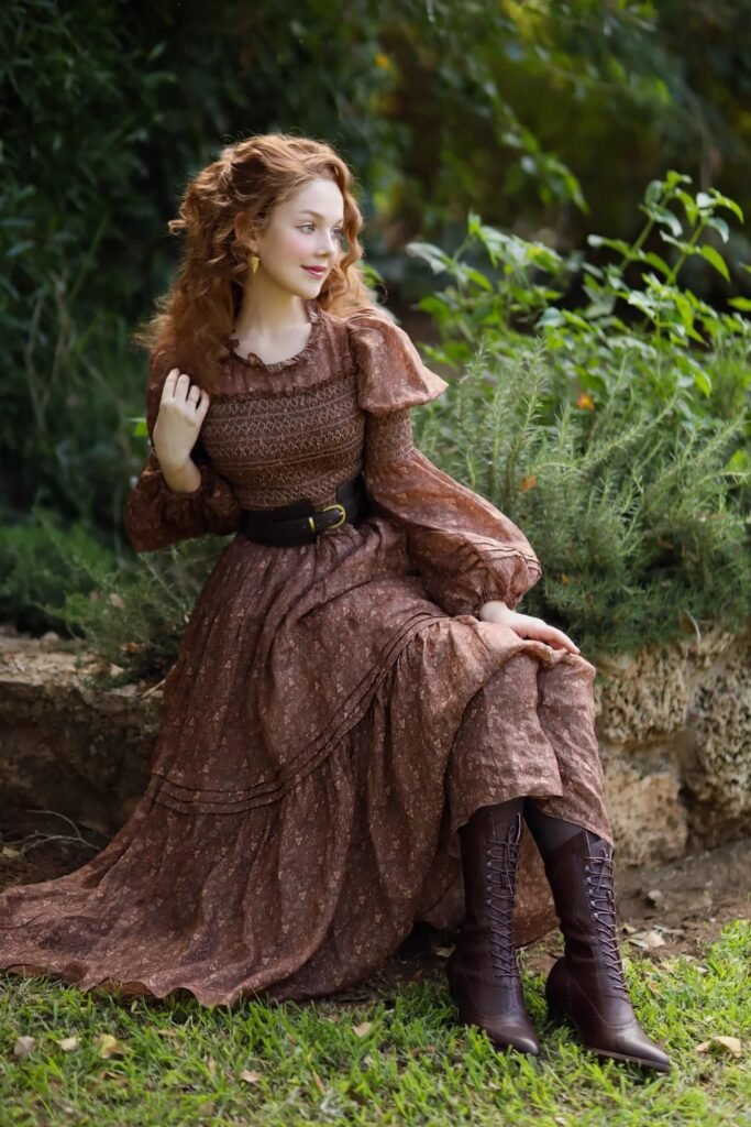 Brown Floral Smocked Puff-Sleeve Dress + Dark Brown Leather Belt + Lace-up Victorian Boots