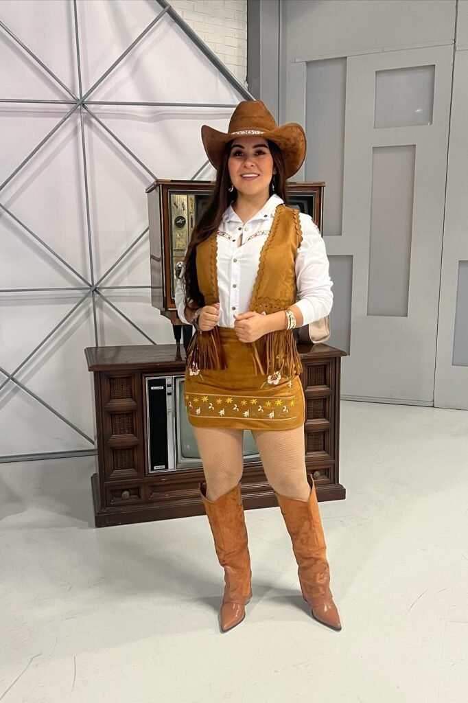 Brown Fringe Suede Vest + Matching Embroidered Mini Skirt + Tan Tall Boots