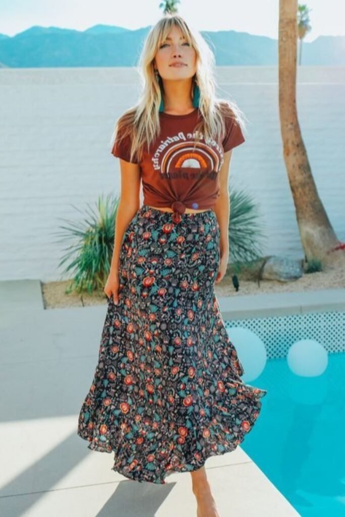 Brown Graphic T-Shirt + Dark Floral Maxi Skirt + Turquoise Statement Earrings