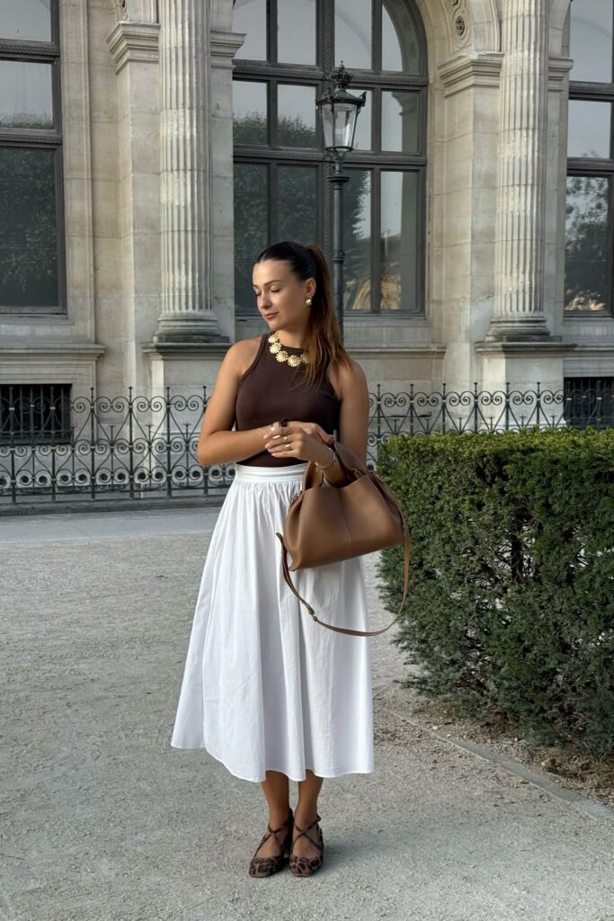 Brown Halter Tank Top + White A-line Midi Skirt + Leopard Print Flats