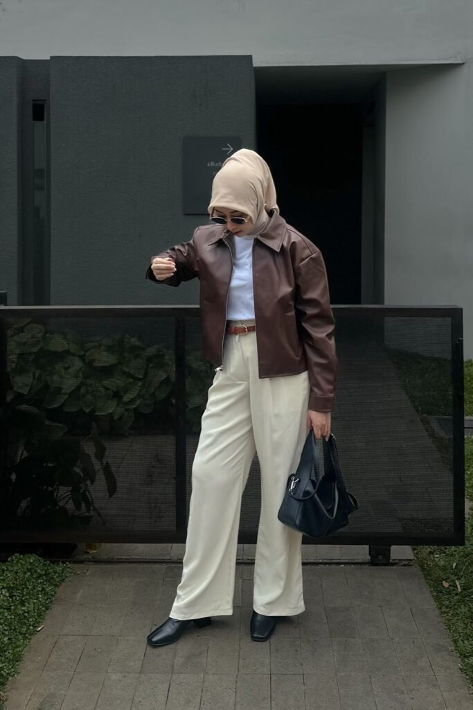 Brown Leather Bomber Jacket + White T-Shirt + Cream Wide-Leg Trousers + Black Square-Toe Boots