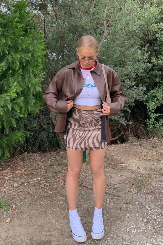 Brown Leather Oversized Shirt + Zebra Print Mini Skirt + White High-Top Sneakers