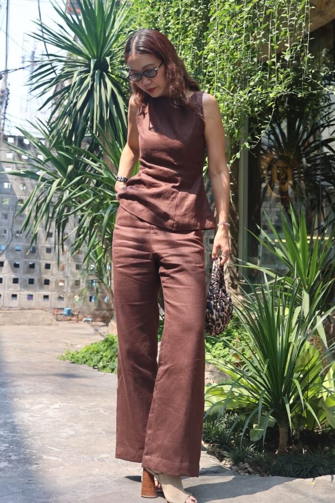 Brown Linen Shell Top + Matching Wide-Leg Trousers + Tan Block-Heel Sandals