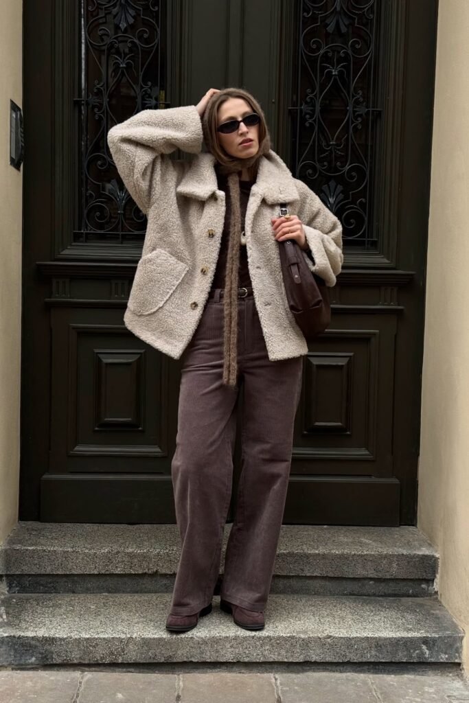 Brown Long-Sleeve Top + Mauve-Brown Corduroy Wide-Leg Pants + Cream Teddy Coat + Brown Knit Hooded Scarf + Brown Suede Boots