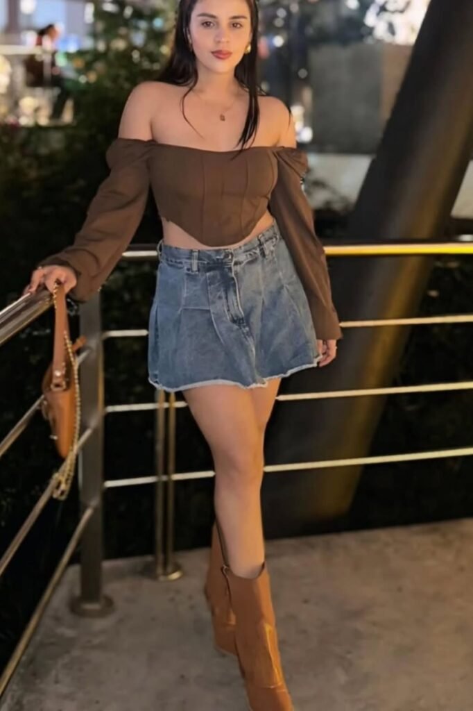 Brown Off-the-Shoulder Corset Top + Light Wash Denim Mini Skirt + Tan Suede Boots