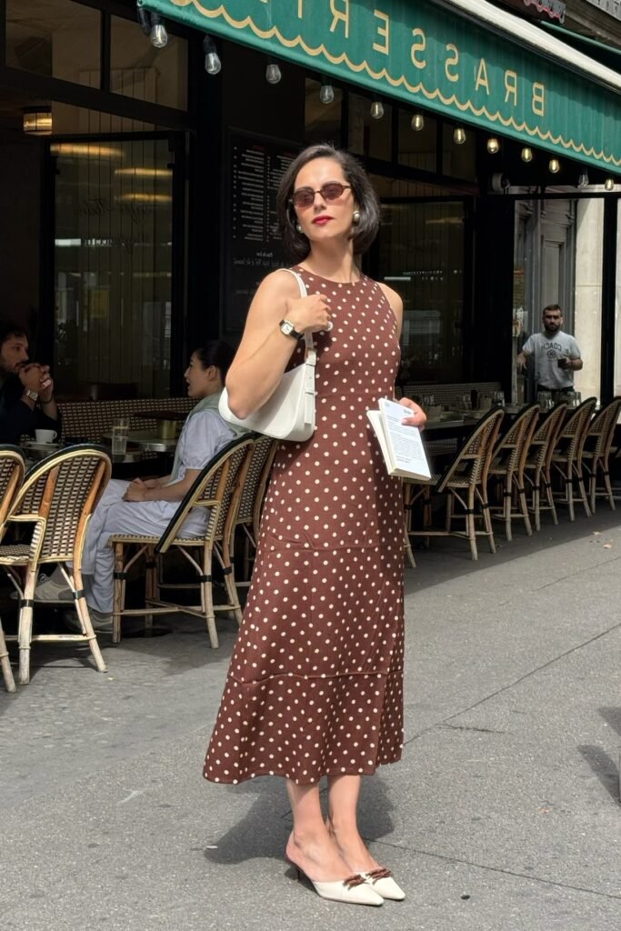 Brown Polka Dot Sleeveless Midi Dress + White Shoulder Bag + White Kitten Heel Mules