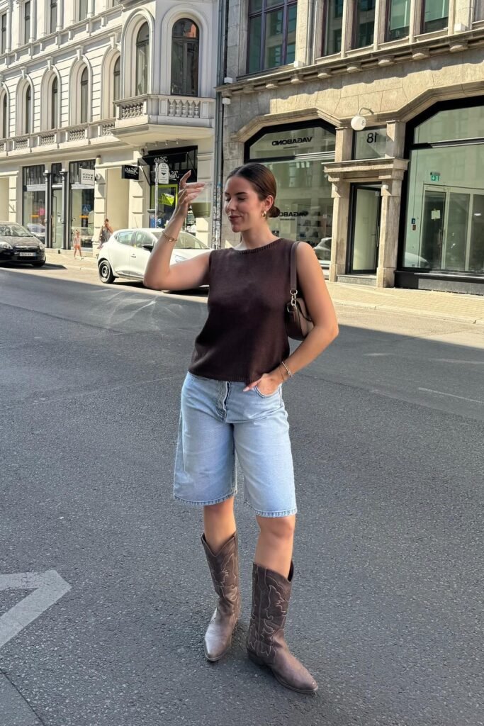 Brown Sleeveless Knit Top + Light Wash Denim Bermuda Shorts + Brown Cowboy Boots
