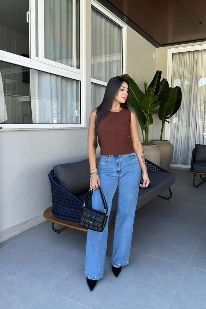 Brown Sleeveless Shell Top + Medium Wash Straight-Leg Jeans + Black Pointed Heels