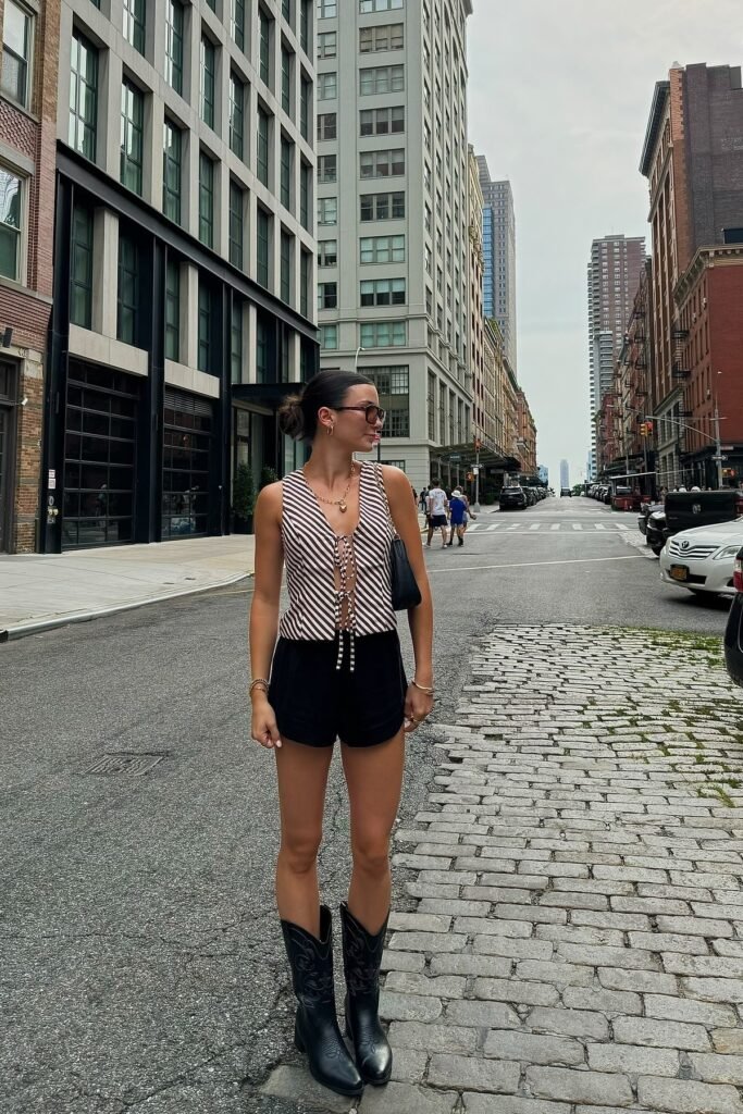 Brown Striped Tie-Front Vest + Black Shorts + Black Cowboy Boots