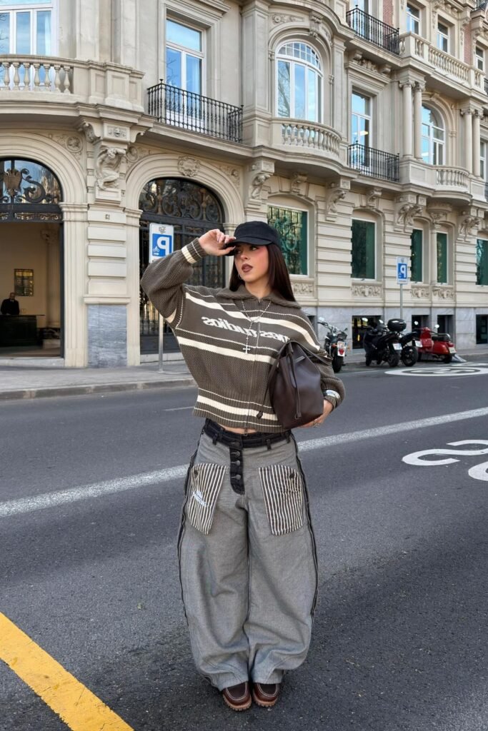 Brown Striped Zip-Up Sweater + Oversized Multi-Pocket Cargo Pants + Brown Leather Boots