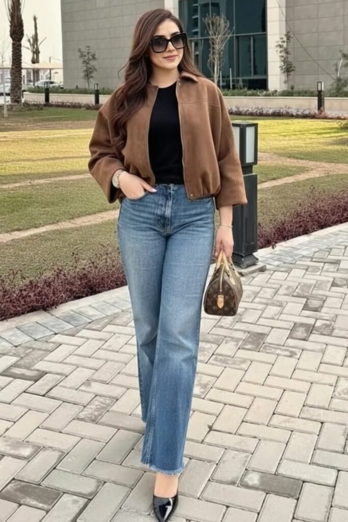 Brown Suede Bomber Jacket + Black Top + Light Wash Straight-Leg Jeans + Black Pointed Heels
