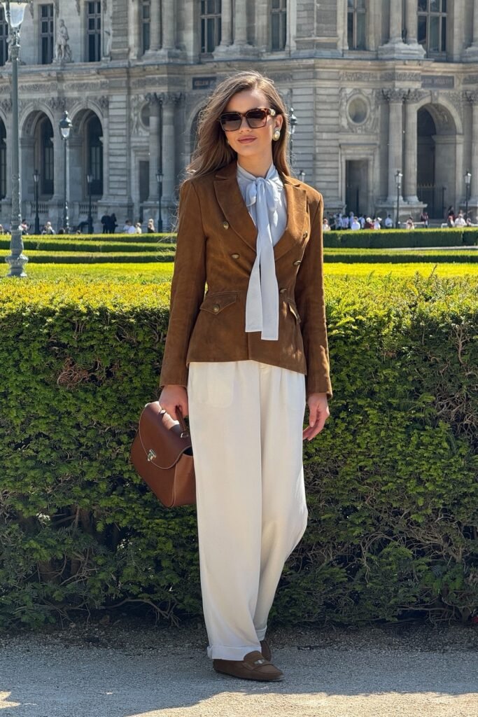 Brown Suede Double-Breasted Blazer + Light Blue Bow Blouse + White Wide-Leg Trousers
