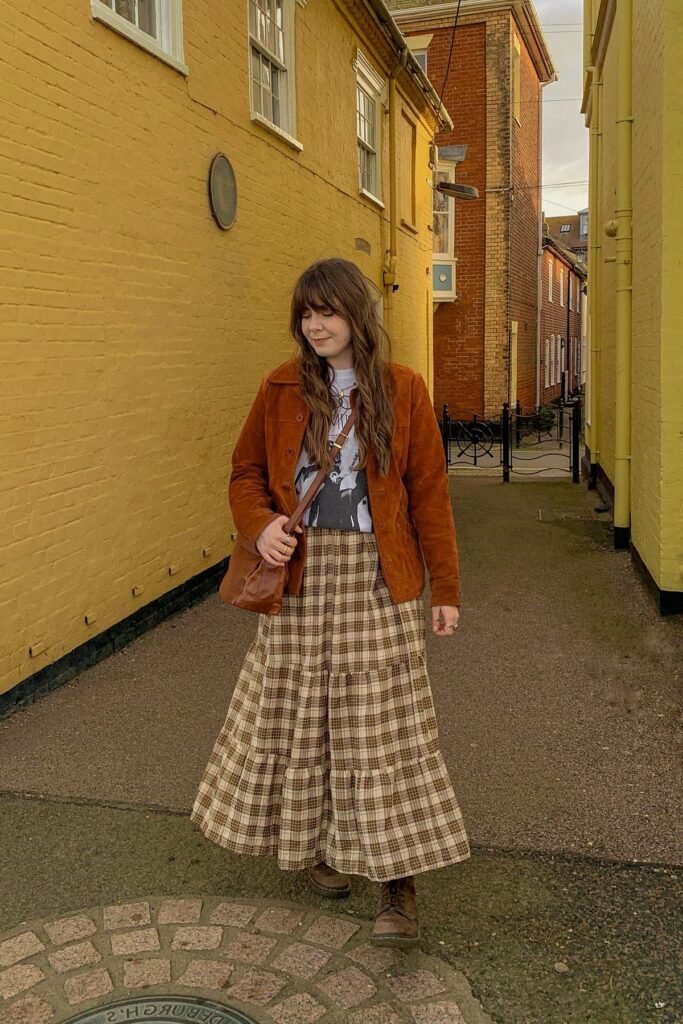 Brown Suede Jacket + Plaid Tiered Maxi Skirt + Brown Leather Boots