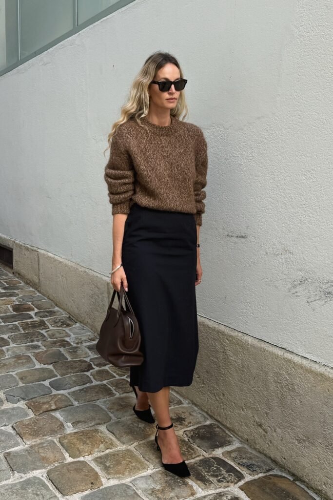Brown Textured Sweater + Black Pencil Midi Skirt + Black Ankle-Strap Heels