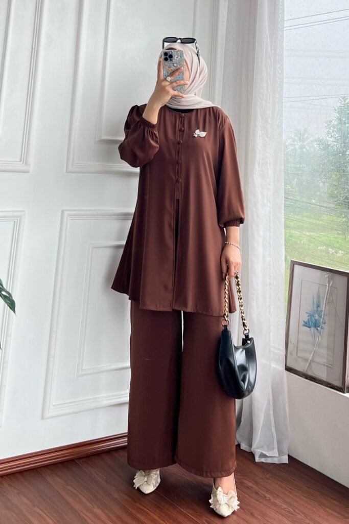 Brown Tunic Set + Beige Hijab + White Bow Flats